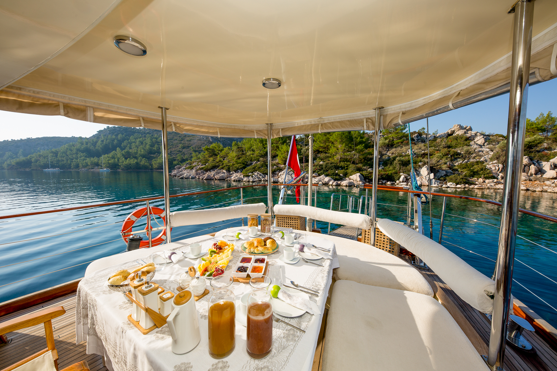 Dining table on the aft deck of Lady Freya luxury gulet in Turkey