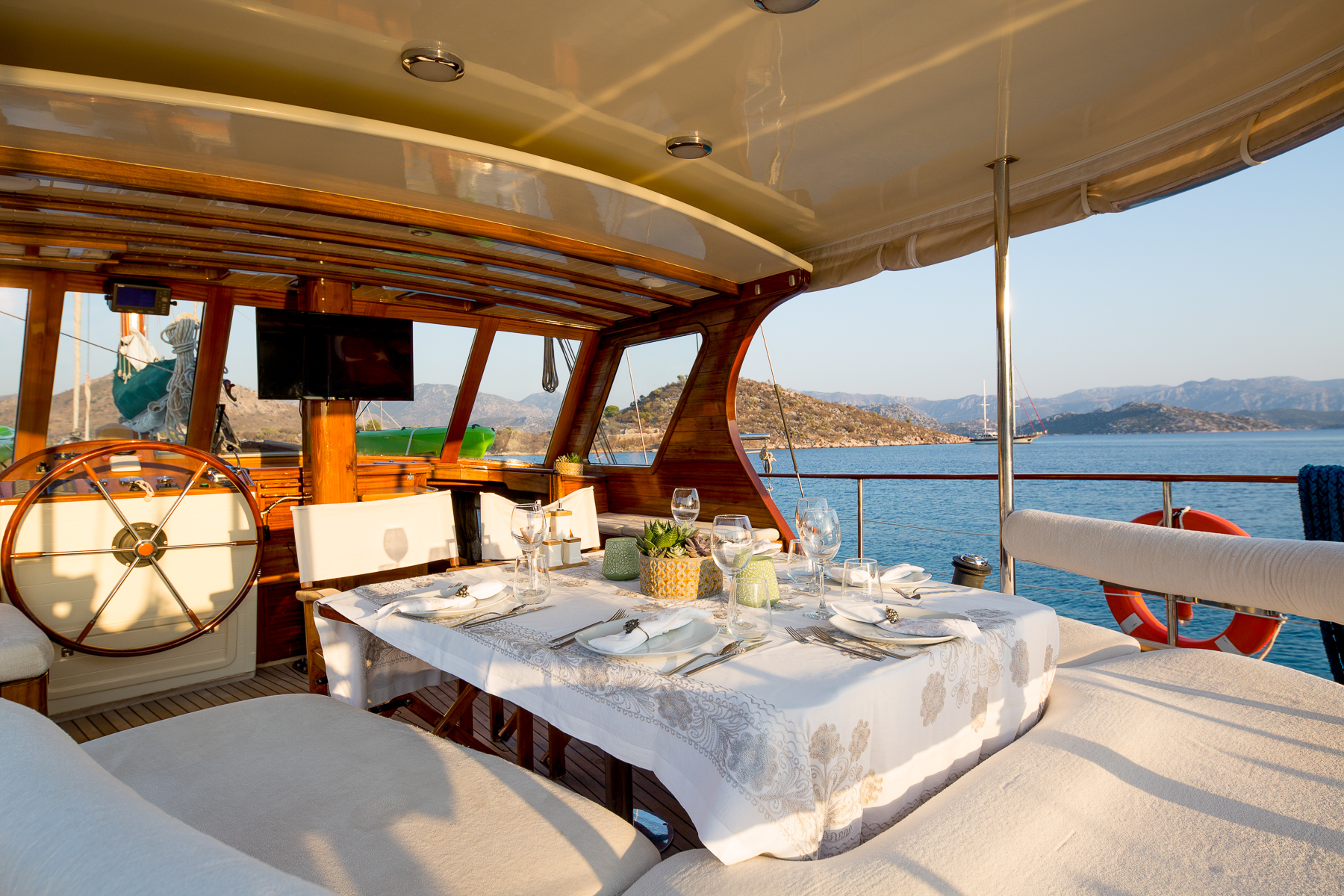 Aft seating area on the Lady Freya luxury gulet in Turkey
