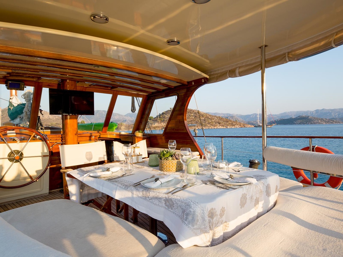 Aft seating area on the Lady Freya luxury gulet in Turkey