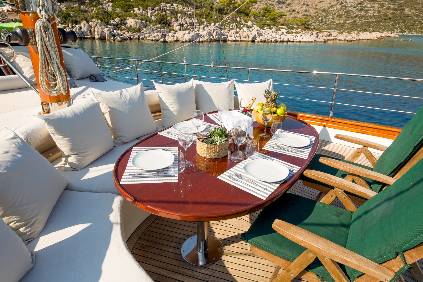 Forward dining area onboard the Lady Freya luxury gulet in Turkey