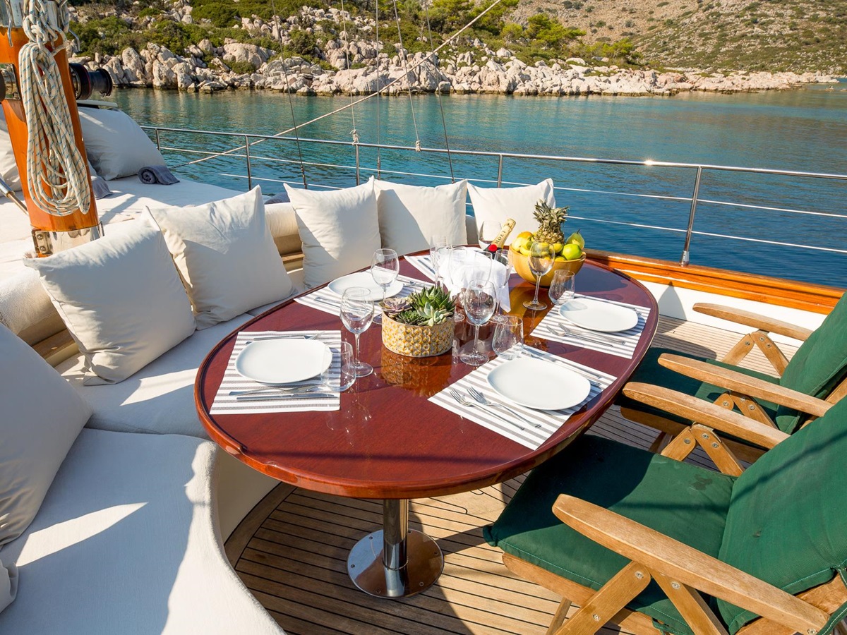 Forward dining area onboard the Lady Freya luxury gulet in Turkey