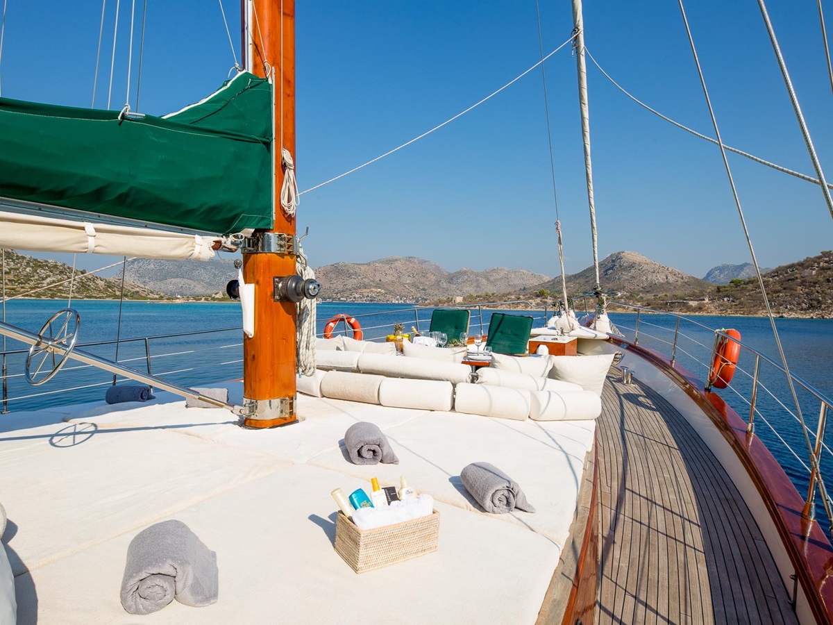Sunbathing area on the aft deck of the Lady Freya luxury gulet in Turkey