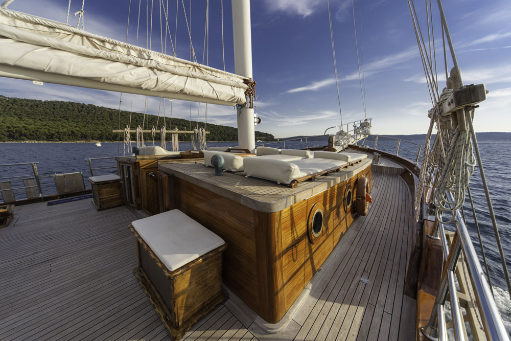 Sun terrace and loungers on the top deck of the Libra gulet in Croatia