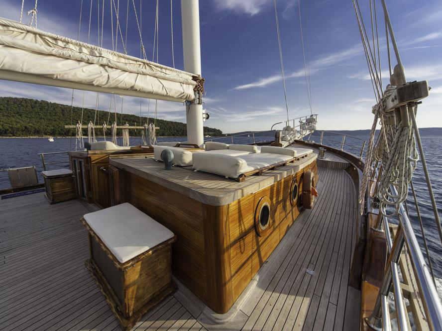 Sun terrace and loungers on the top deck of the Libra gulet in Croatia