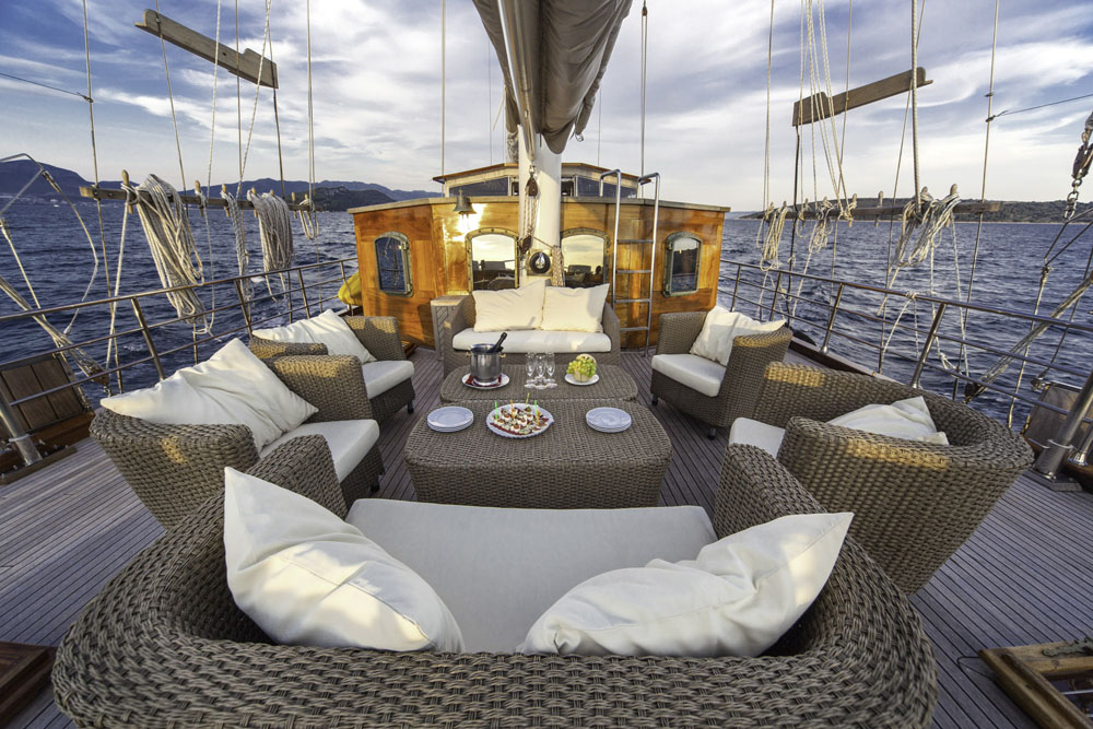 Outdoor lounge on the top deck of the Libra gulet in Croatia