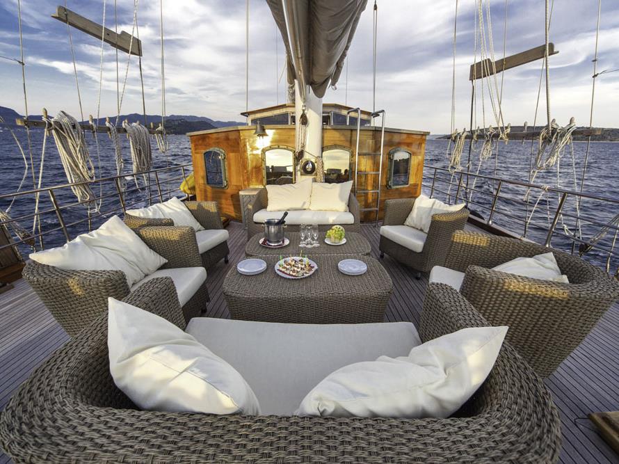 Outdoor lounge on the top deck of the Libra gulet in Croatia