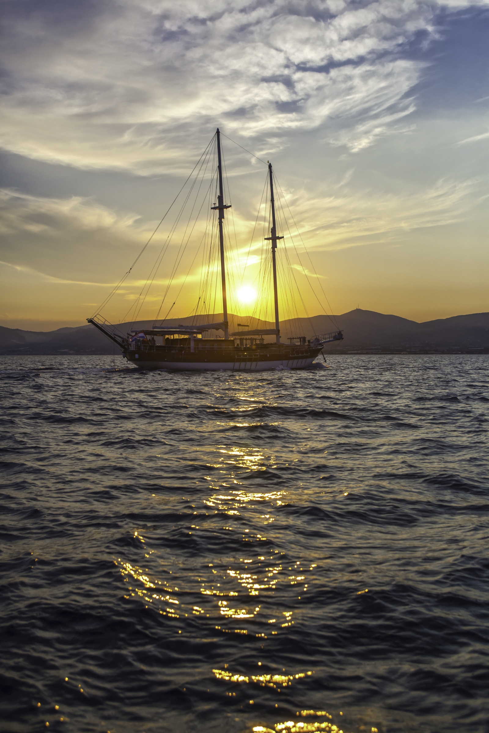 the luxury gulet Libra  at sunset, sailing along the Croatian coast