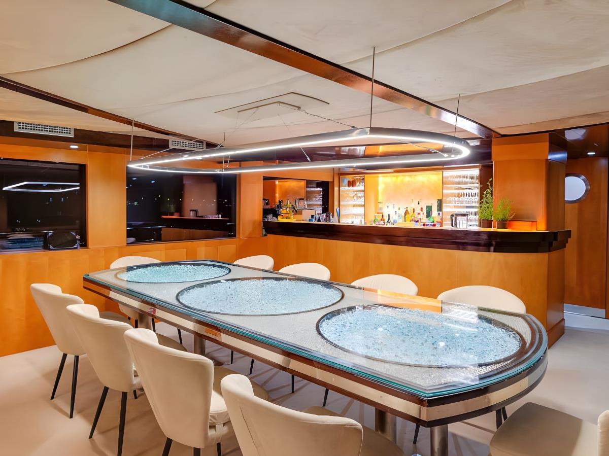 Indoor dining table onboard the Life is Good gulet in Croatia