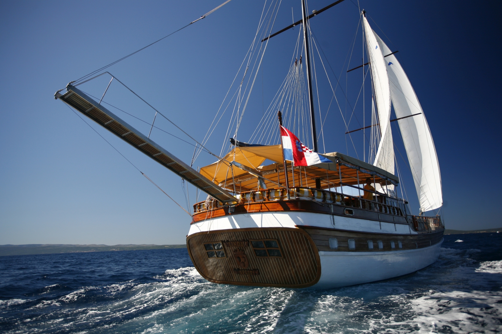 The gleaming hull of the gulet Linda in Croatia