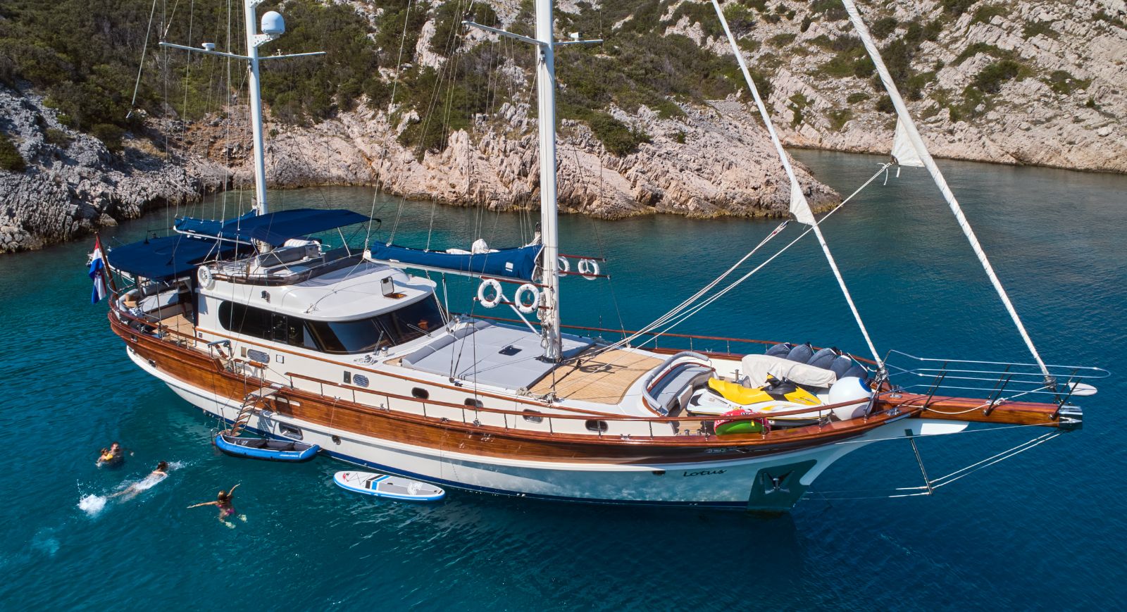 Close up aerial shot of the Lotus gulet in Croatia
