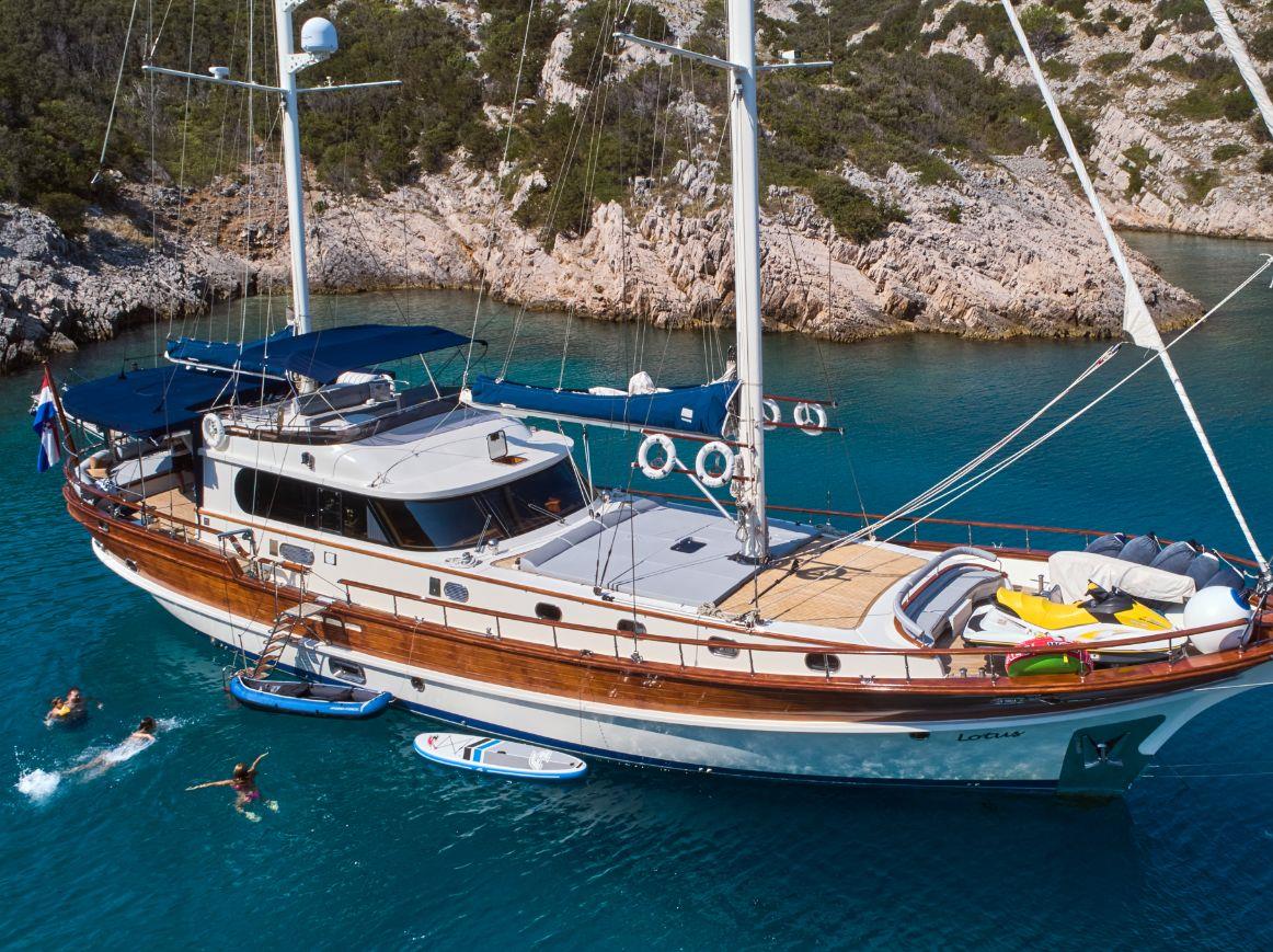Close up aerial shot of the Lotus gulet in Croatia