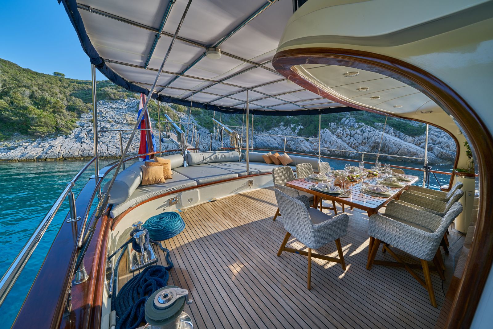 Side view of the aft deck onboard the Lotus gulet in Croatia
