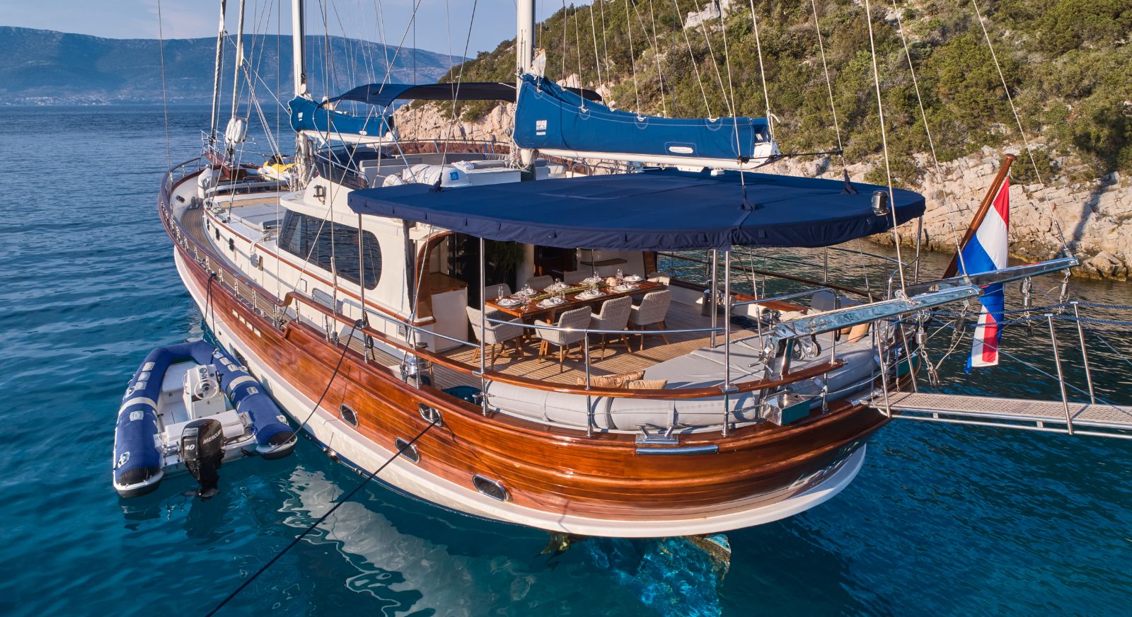 Rear view and zodiac of the the Lotus gulet in Croatia