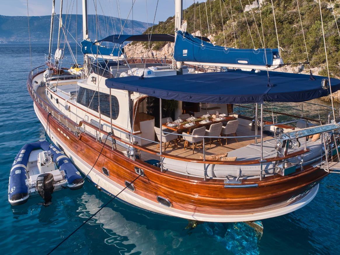 Rear view and zodiac of the the Lotus gulet in Croatia