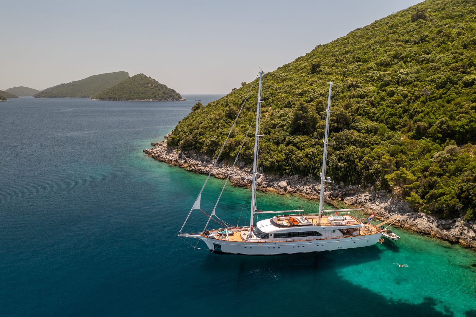 Aerial view of Love Story gulet in bay in Croatia