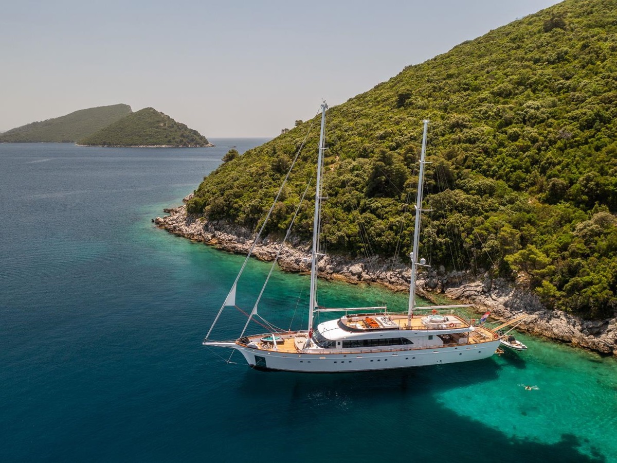 Aerial view of Love Story gulet in bay in Croatia