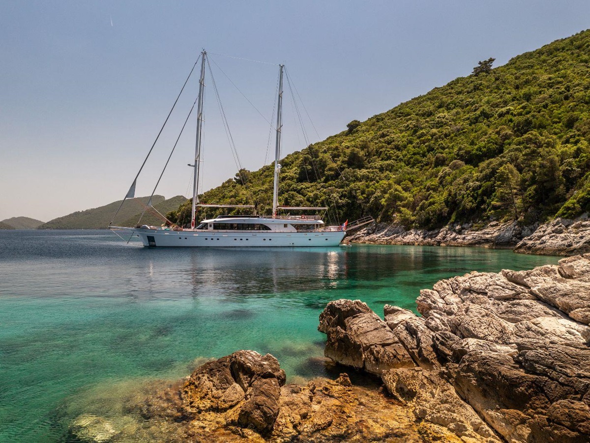 Exterior view of the Love Story gulet at bay in Croatia