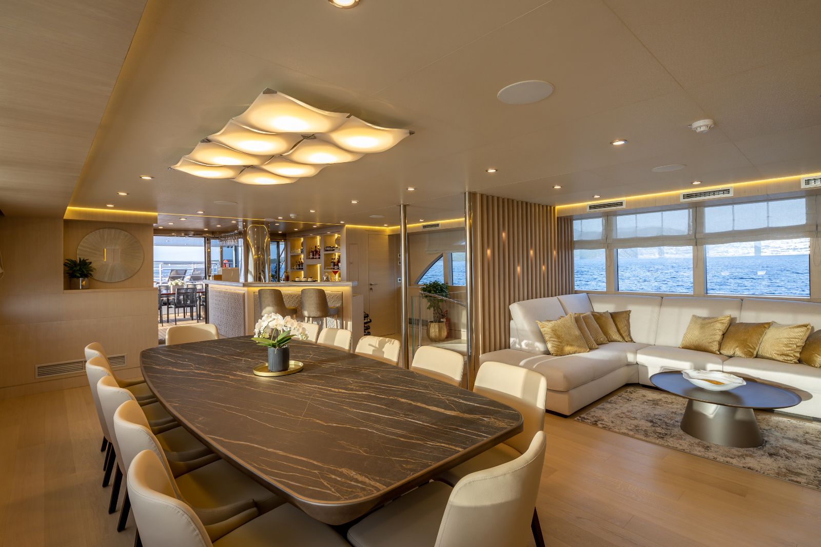 Interior lounge and dining table area onboard the Love Story gulet in Croatia