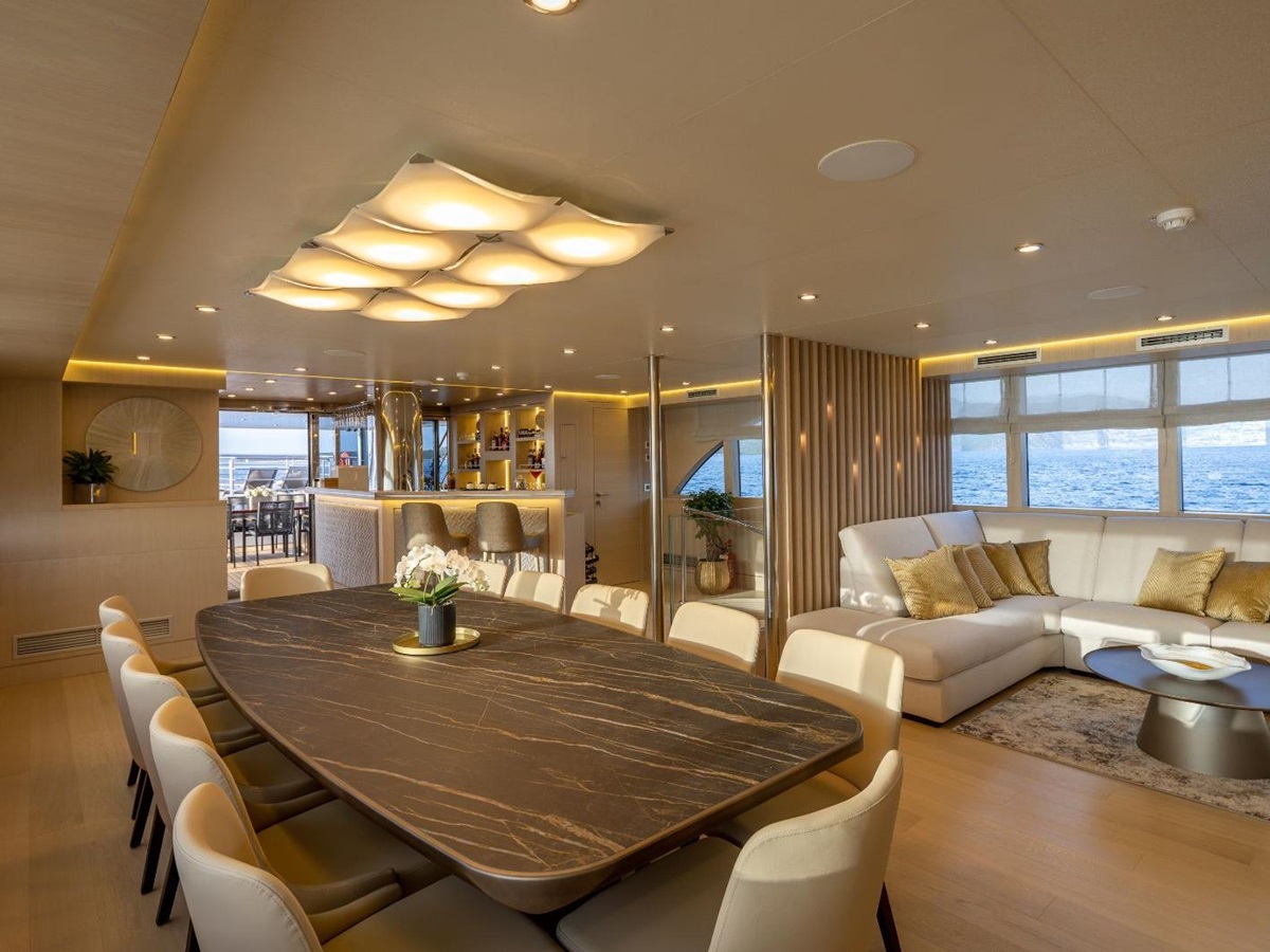 Interior lounge and dining table area onboard the Love Story gulet in Croatia