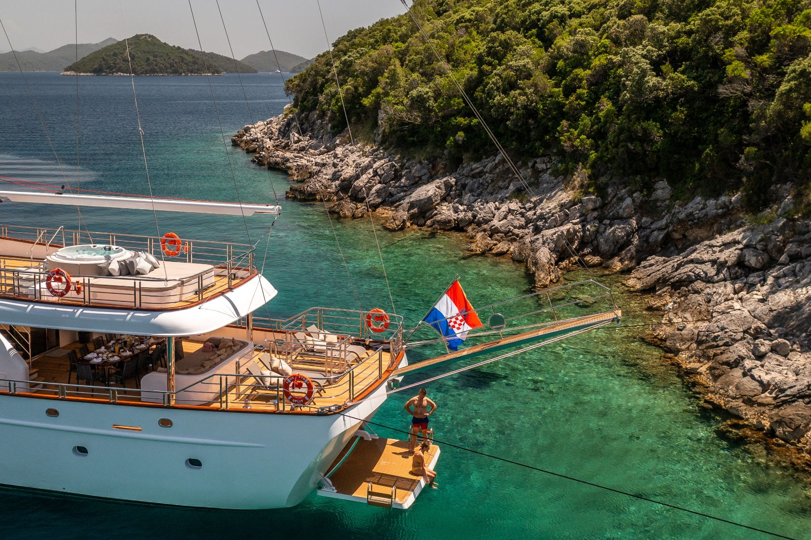Exterior rear view of the Love Story gulet at bay in Croatia