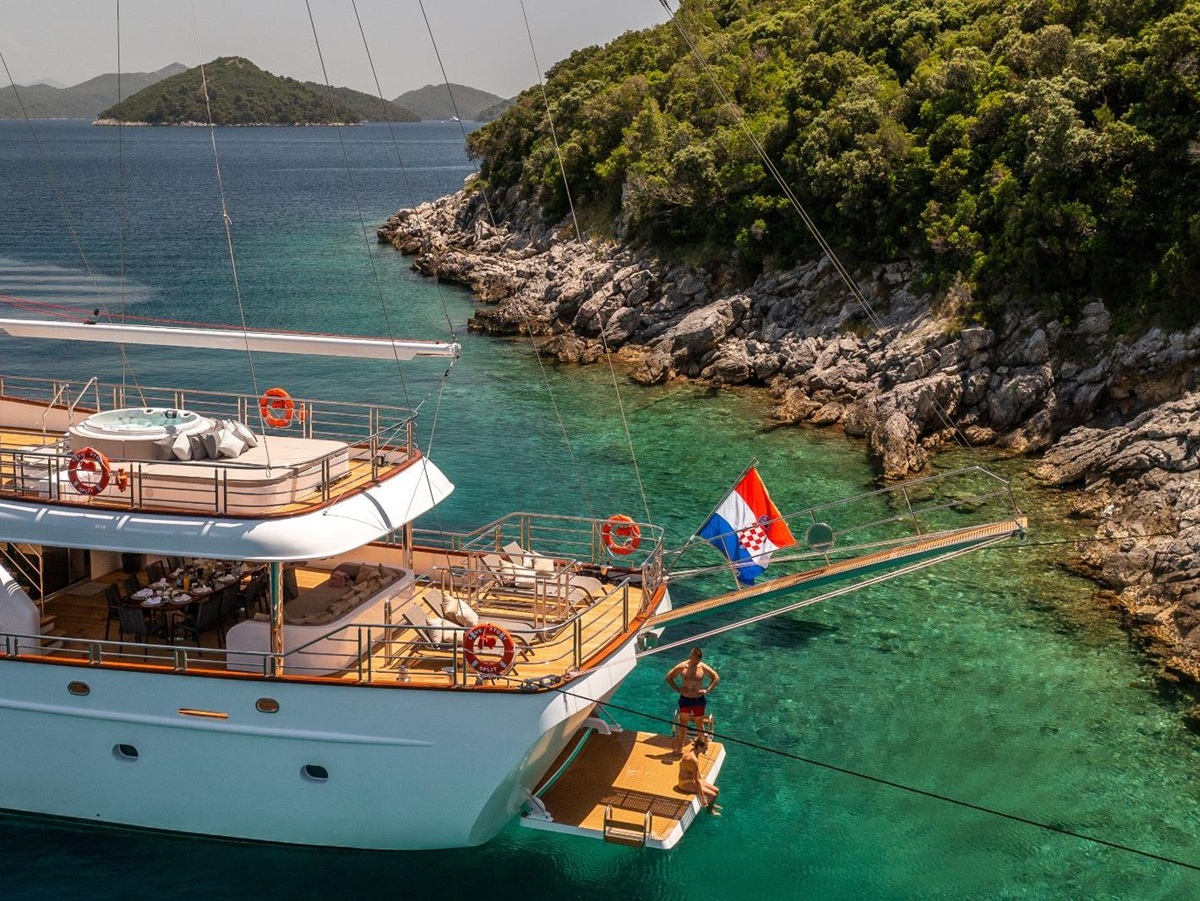 Exterior rear view of the Love Story gulet at bay in Croatia