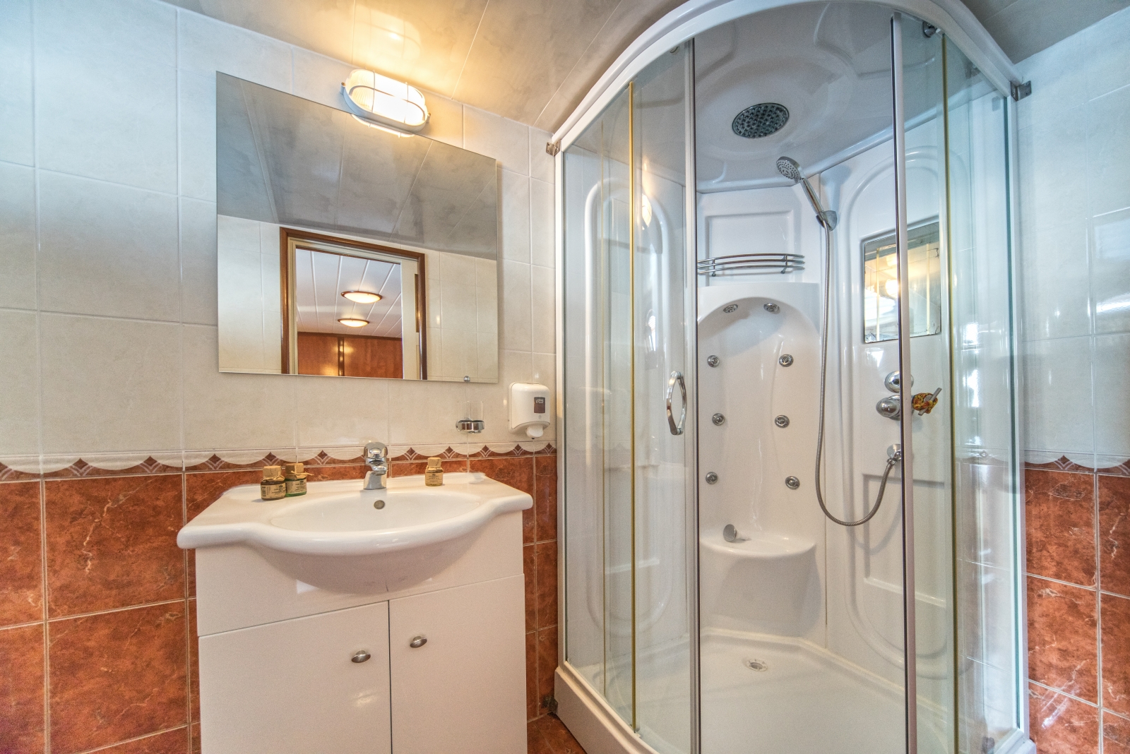 Spacious bathroom with shower onboard the luxury gulet Luna