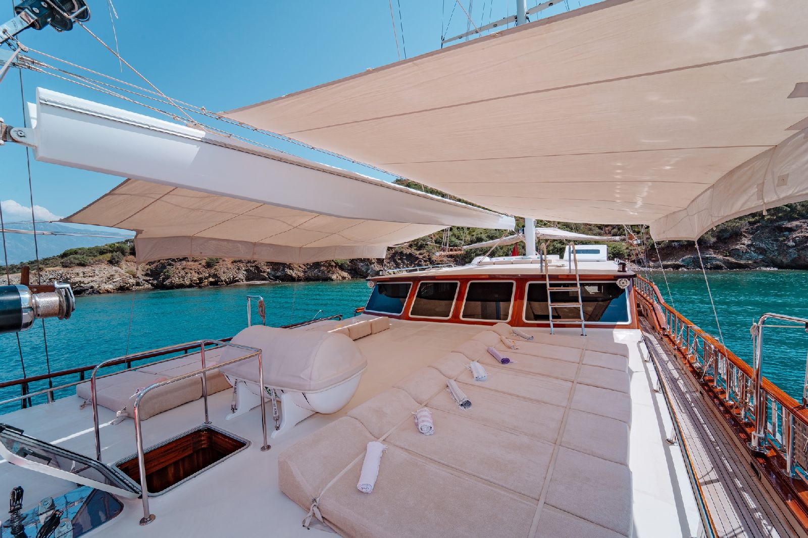 Loungers on the sun deck on board the Lycian Queen gulet in Turkey