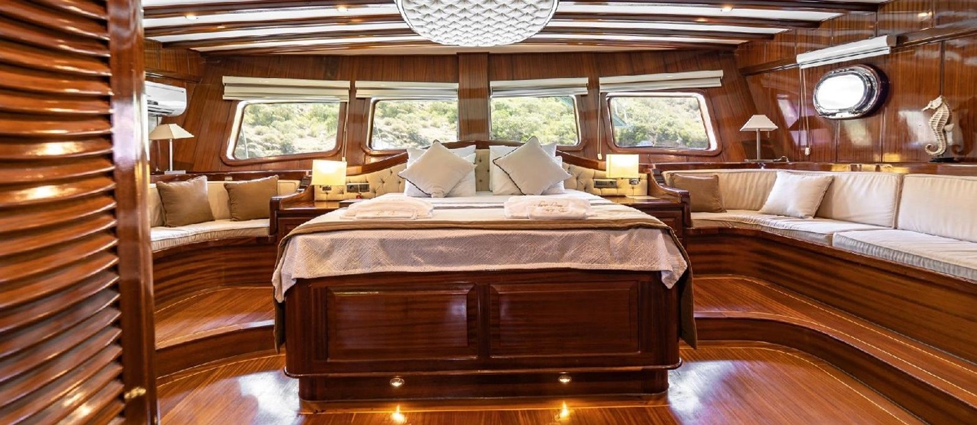 The master cabin on board the Lycian Queen gulet in Turkey