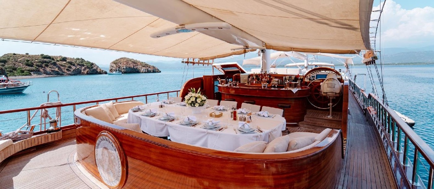 Outdoor dining on the deck on the Lycian Queen gulet in Turkey