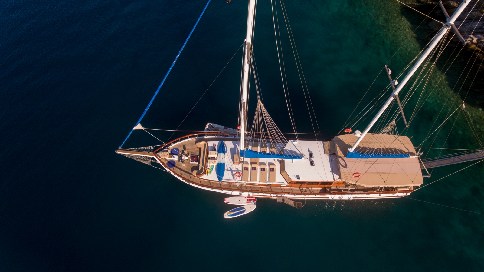 Aerial view of luxury gulet Malena with stand up paddleboards