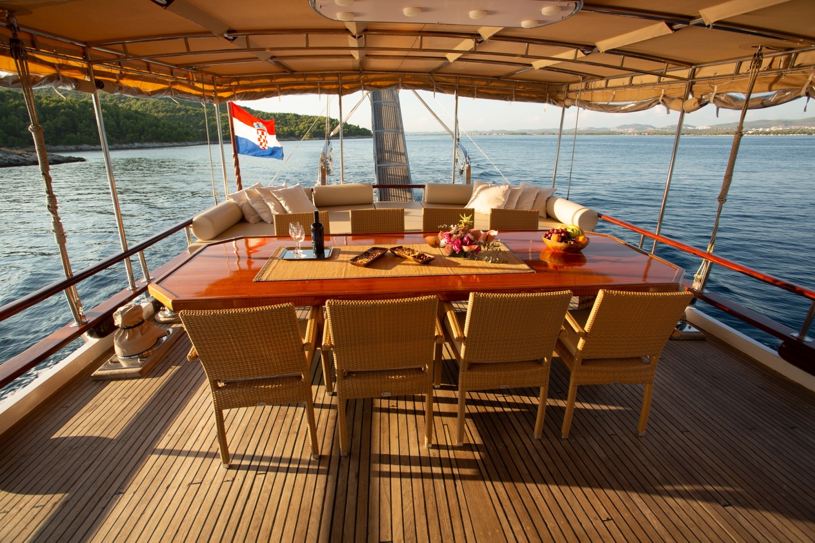 Shaded dining area onboard the luxury gulet Malena
