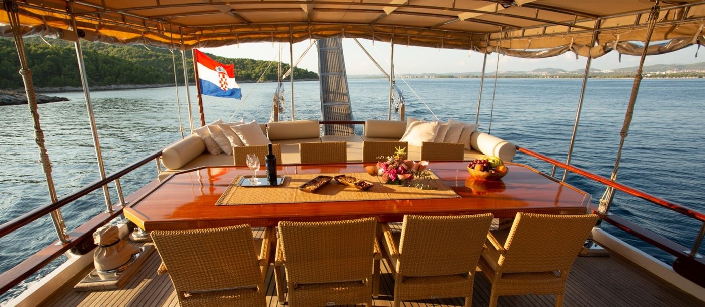 Shaded dining area onboard the luxury gulet Malena