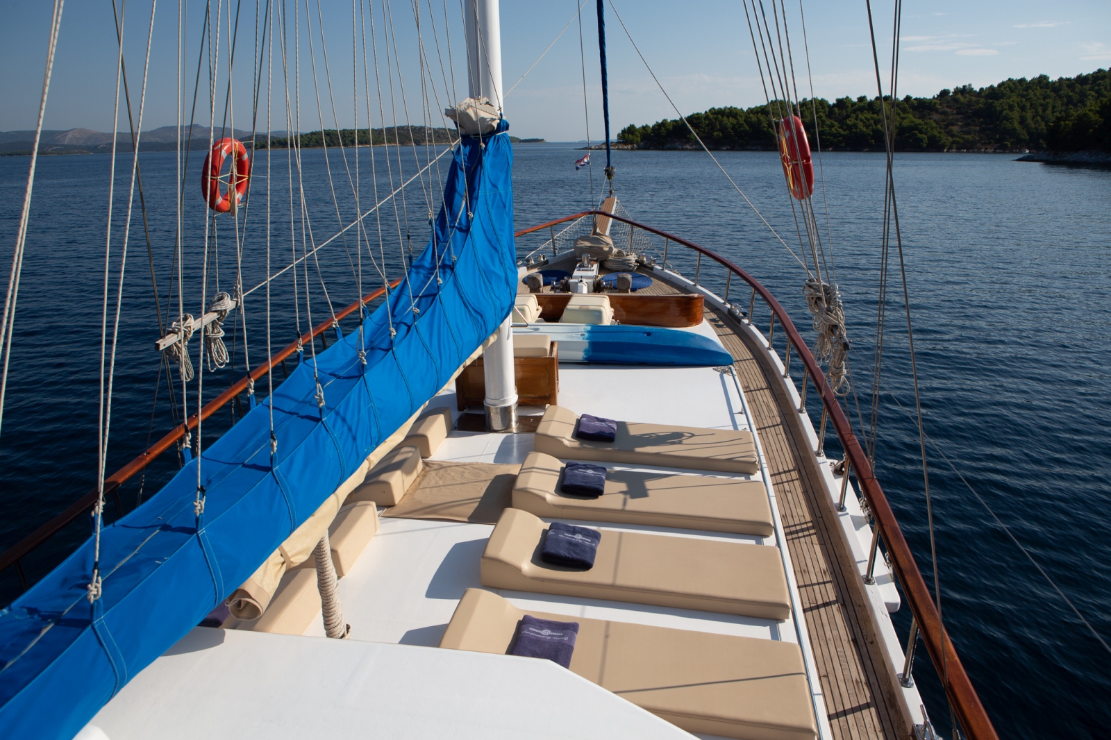 View over the sunloungers onboard the luxury gulet Malena