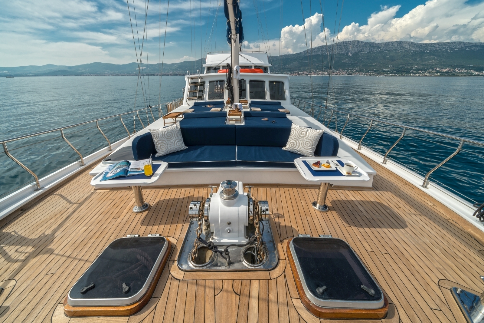 Seating with tables on the deck of the luxury gulet Maske
