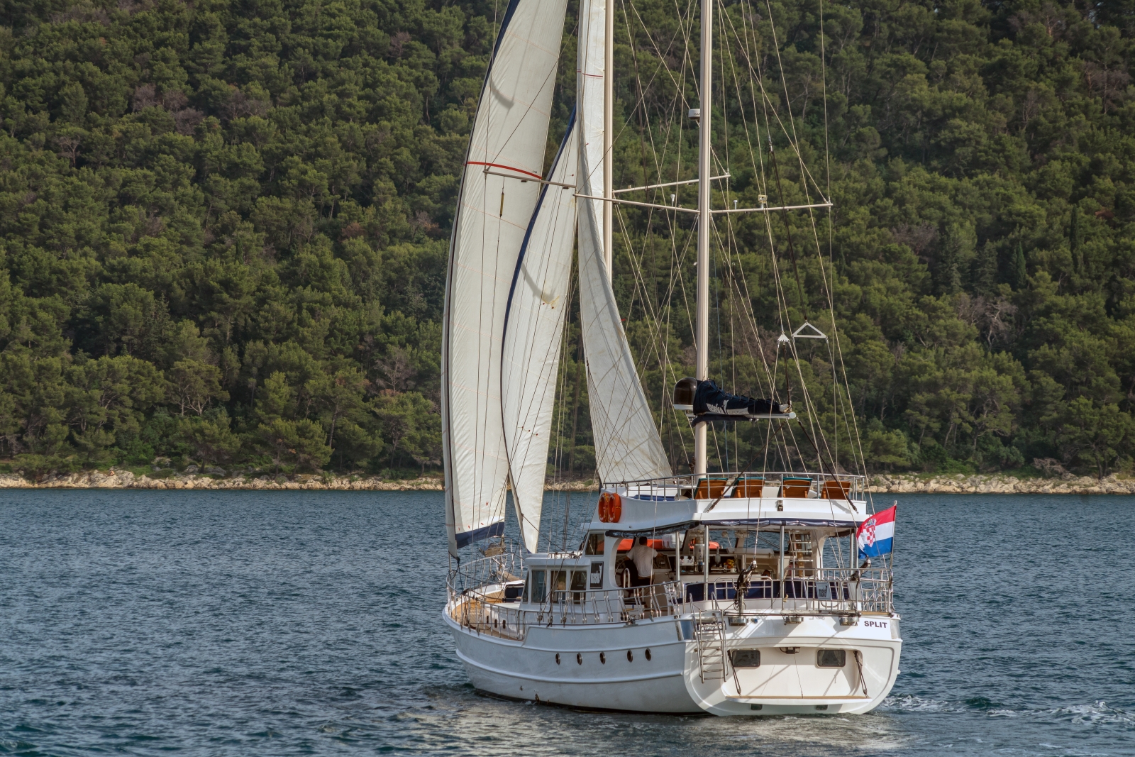 Exterior view of the luxury gulet Maske sailing along the Croatian coast