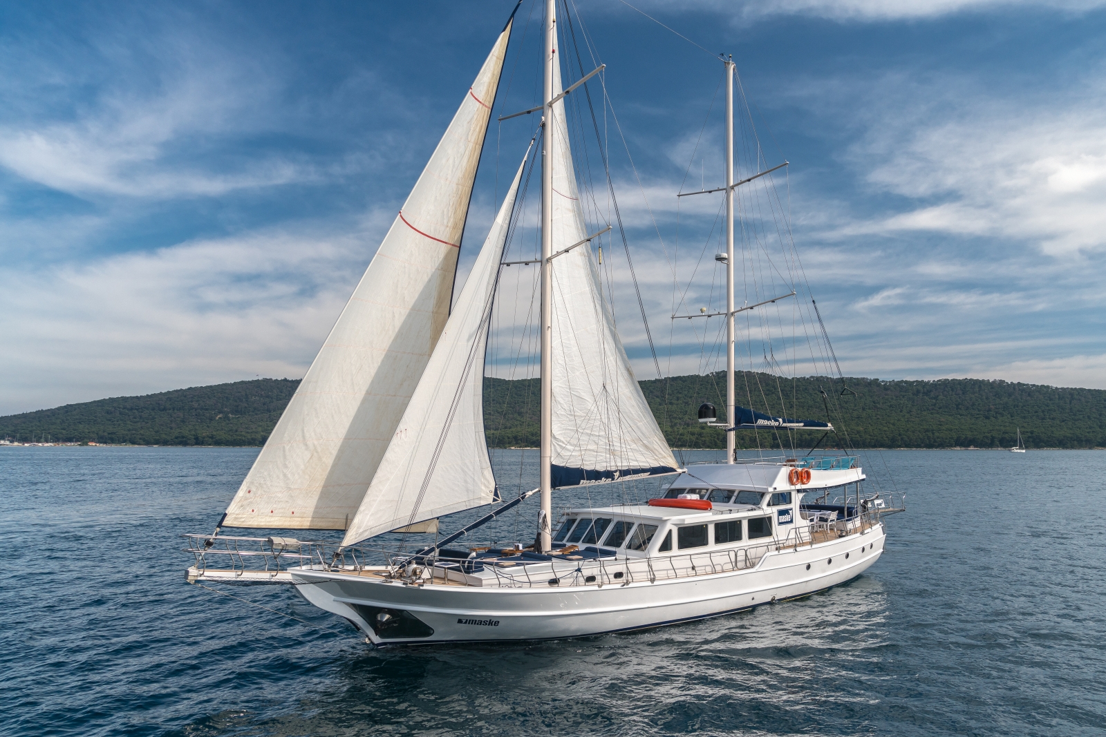Exterior view of the luxury gulet Maske sailing along the Croatian coast
