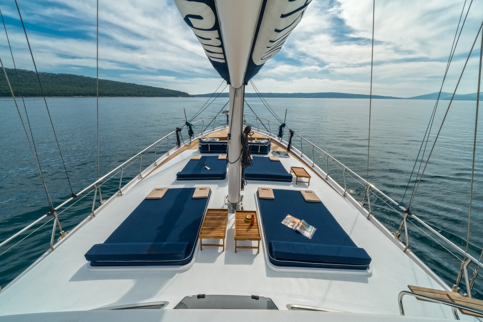 Four big loungers on the deck of the luxury gulet Maske