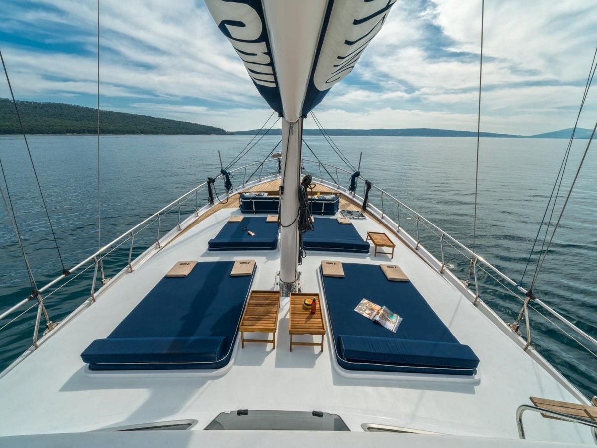 Four big loungers on the deck of the luxury gulet Maske