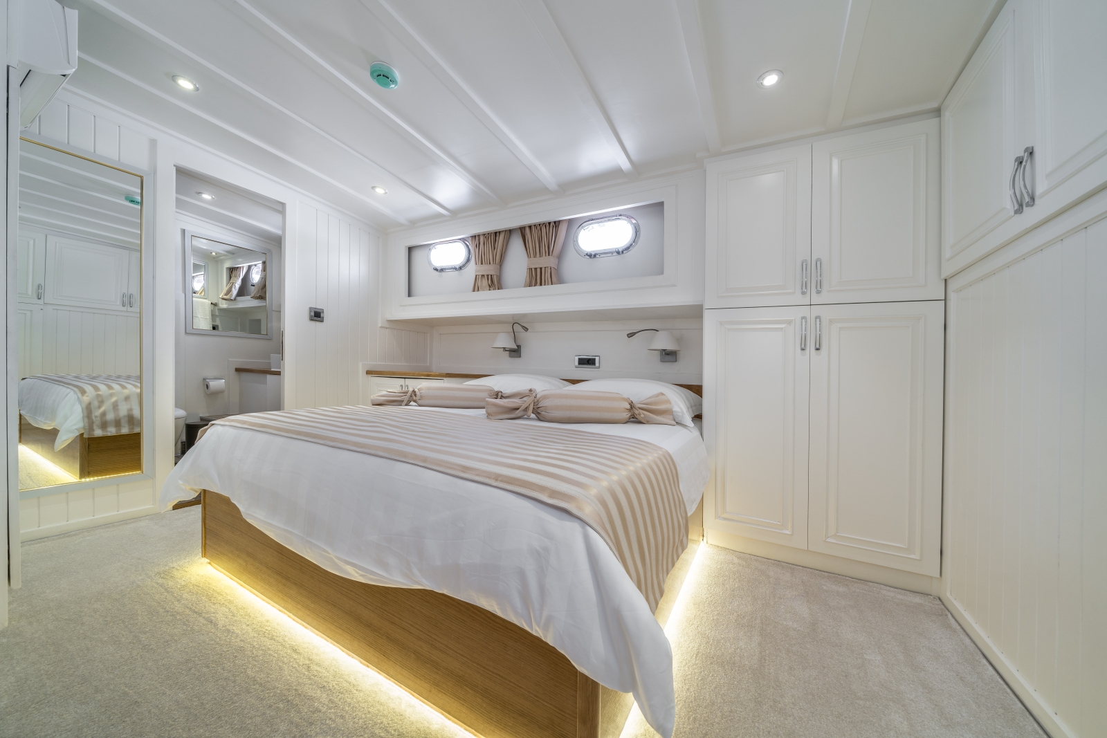 Master cabin with spacious storage onboard the luxury gulet Maske
