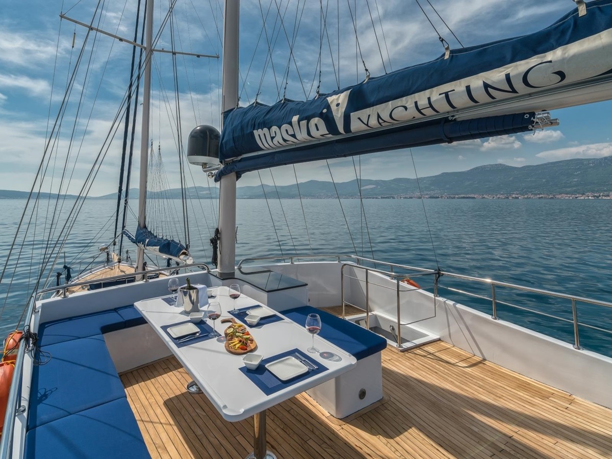 Small dining area on the top deck of luxury gulet Maske