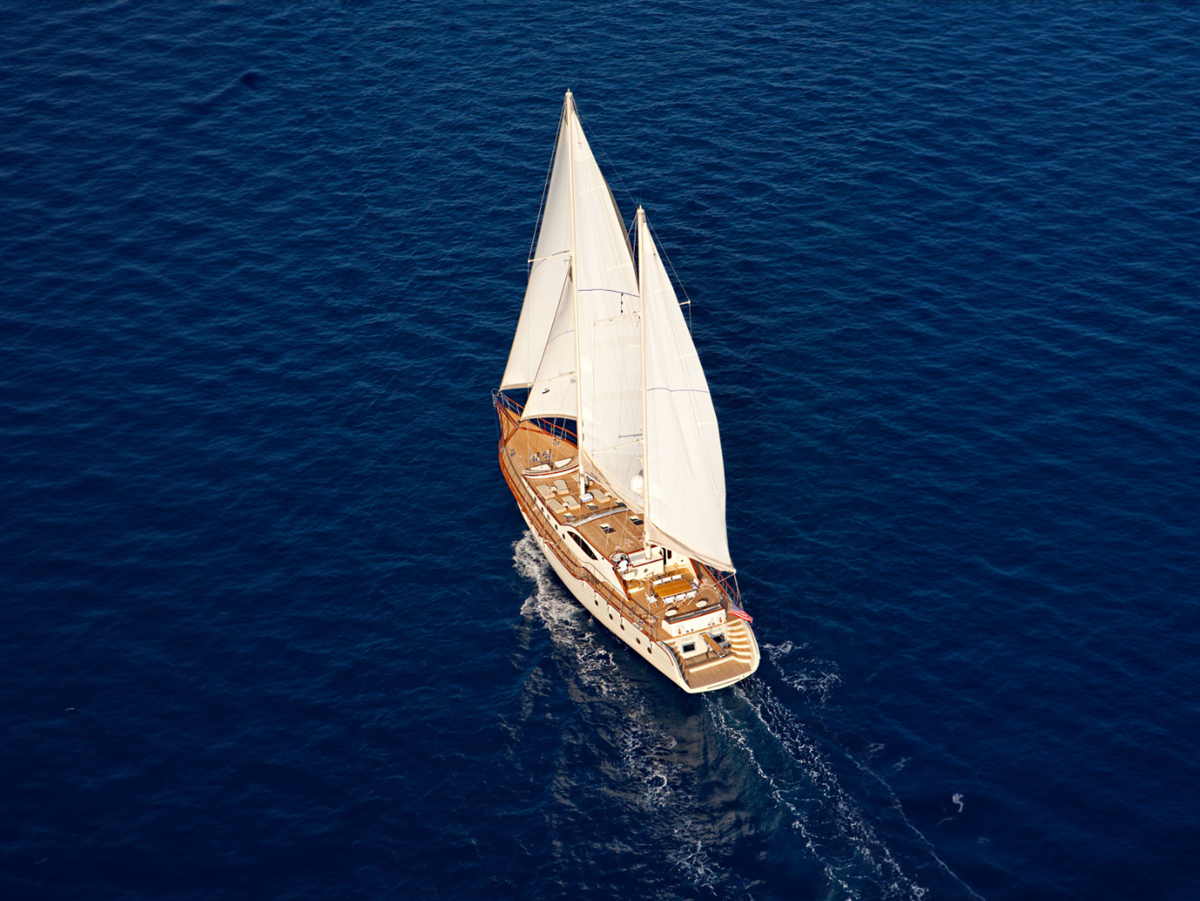 Aerial view of Miss B with sails up in Turkey