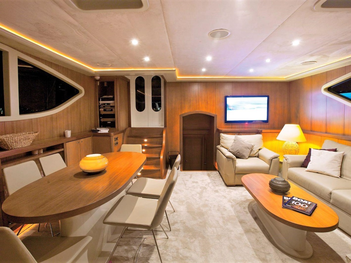 Indoor saloon living area onboard the Miss B gulet in Turkey