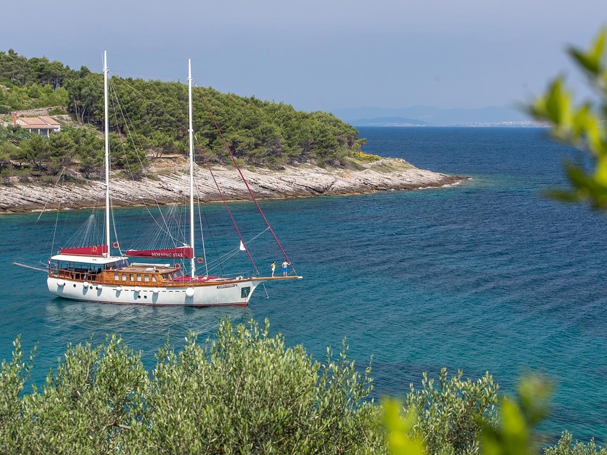 Long shot from the water of Morning Star in Croatia