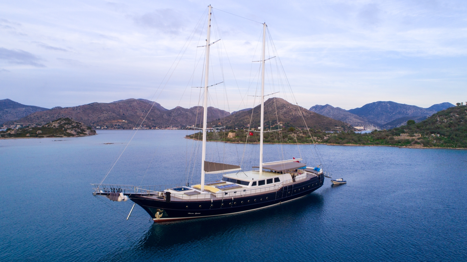Aerial shot of luxury gulet Nevra Queen anchored off the Turkish coast