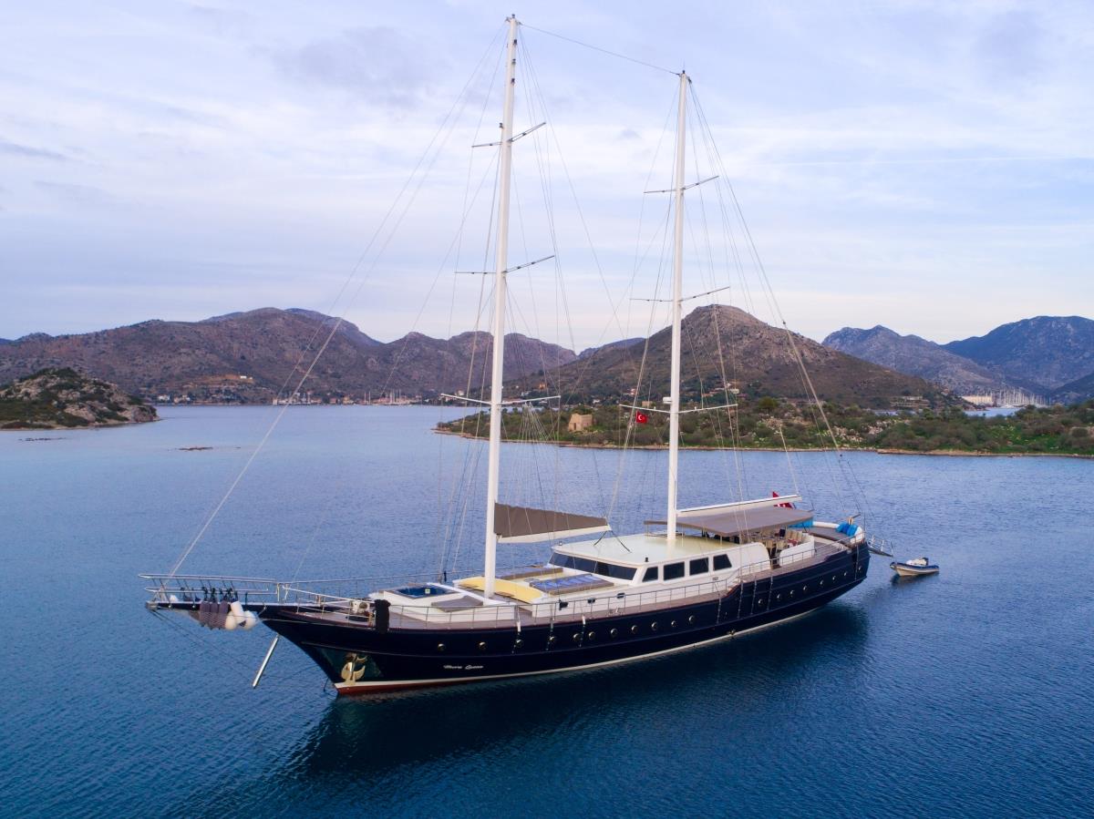 Aerial shot of luxury gulet Nevra Queen anchored off the Turkish coast