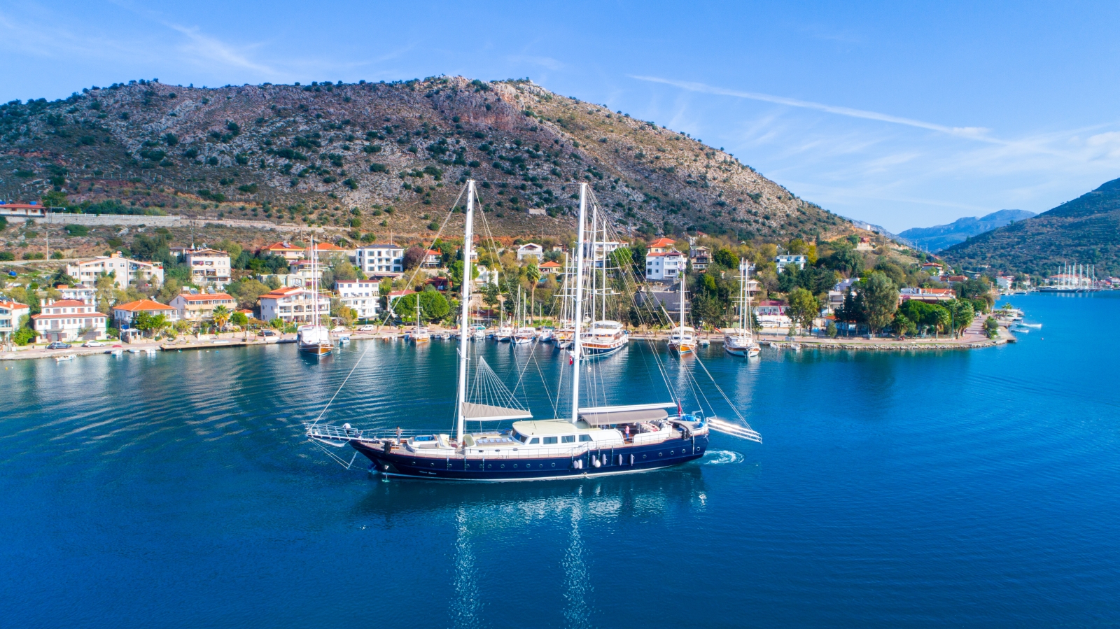 Aerial shot of luxury gulet Nevra Queen sailing along the Turksh coast