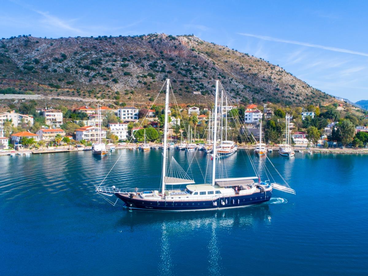 Aerial shot of luxury gulet Nevra Queen sailing along the Turksh coast