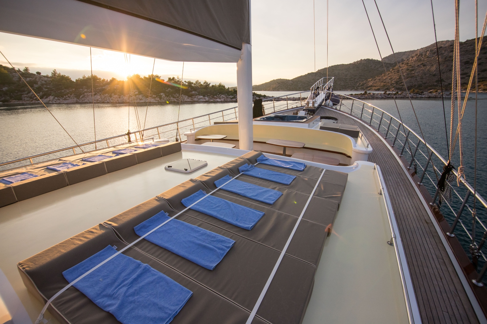 Loungers and jacuzzi on the deck of luxury gulet Nevra Queen