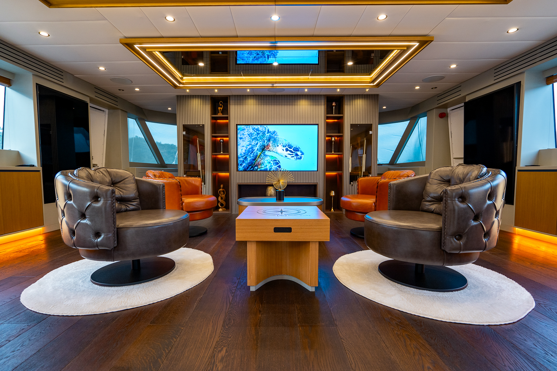 Seating area in front of the TV onboard the North Wind yacht in Turkey