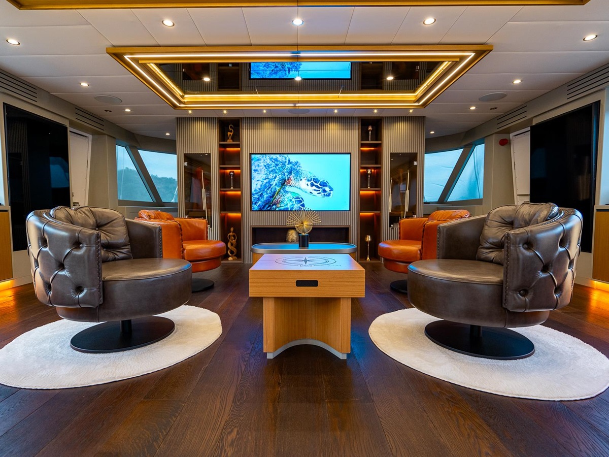 Seating area in front of the TV onboard the North Wind yacht in Turkey